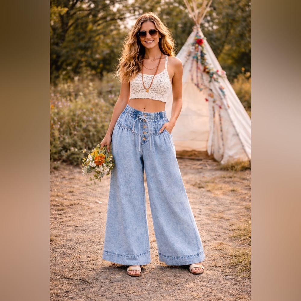 🆕 ee:some Mineral Washed Soft Denim Pleated Wide Leg Pants